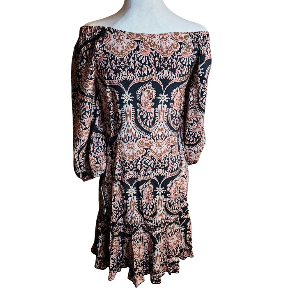 Signature by Robbie Bee Black Tan Paisley Off Shoulder Ruffle Dress L NWT